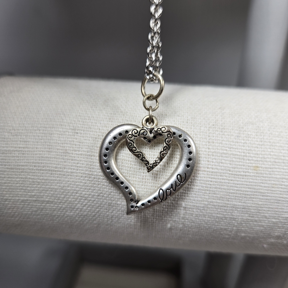 Silver Tone Two Hearts Pendant Necklace